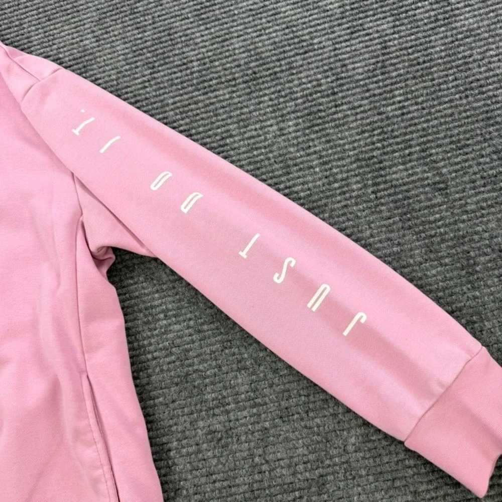 Nike Womens Medium Dri-FIT Pink Crewneck Sweatshirt Just Do It Sleeve Spell‎ Out